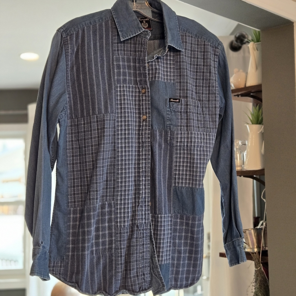 Faconnable Women's Blue Denim Patchwork Shirt Or Shacket M